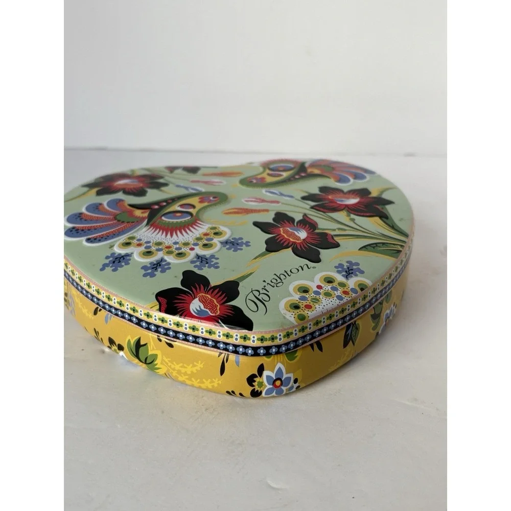 Brighton Large Tin Green Floral Design Heart Shaped Trinket Jewelry Gift Box